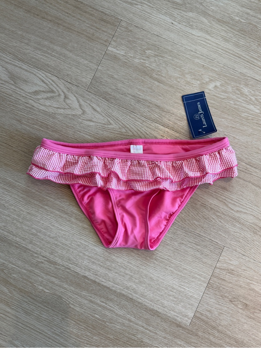 NWT Lauren James Pink Stripe Ruffle Hipster Hyacinth Preppy Bikini Bottom Sz M